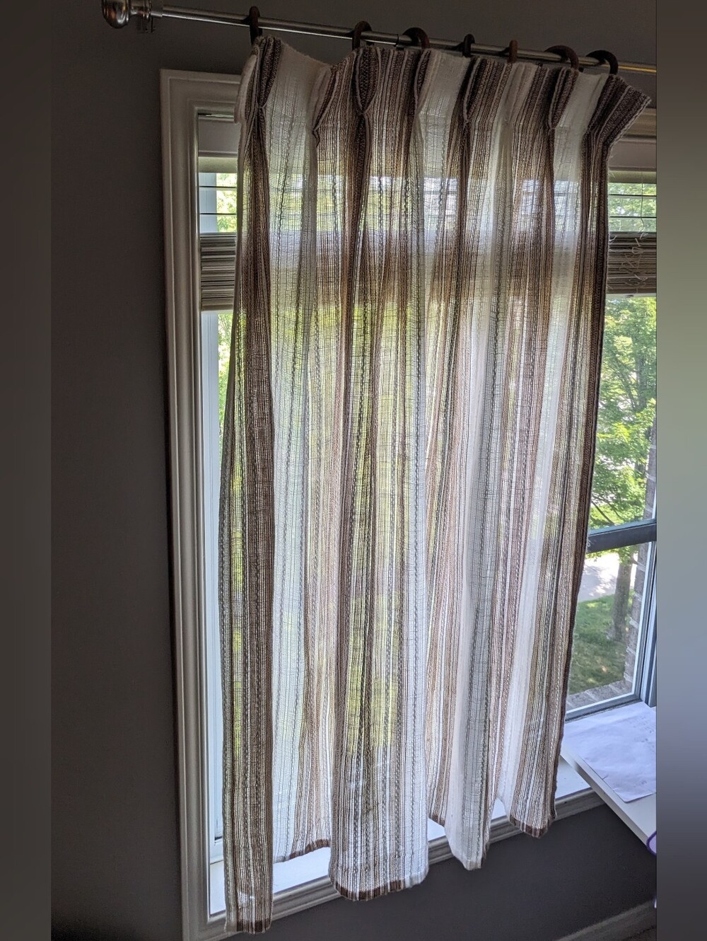 Vintage MCM Sheer Woven Striped Window Curtains in Brown and White